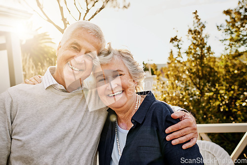 Image of Hug, outdoor and portrait of senior couple enjoying bonding, quality time and relax in morning. Love, retirement home and face of elderly man and woman on patio for marriage, trust and happiness