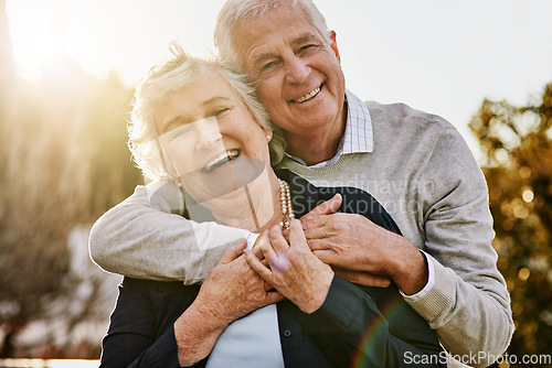 Image of Happy, love and portrait of senior couple enjoying bonding, quality time and relax in morning. Nature, retirement and elderly man and woman smile outdoors for marriage, trust and happiness at sunrise