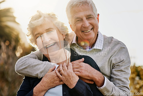 Image of Hug, nature and portrait of senior couple enjoying bonding, faces and relax in morning. Love, retirement and elderly man and woman smile outdoors for marriage, trust and happiness at sunrise