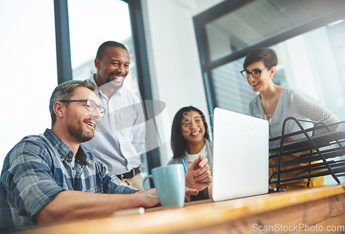 Image of Teamwork, laptop and training with business people in meeting for project management, review or planning. Technology, website and coaching with group of employees in office for collaboration and idea