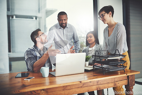 Image of Planning, laptop and coaching with business people in meeting for project management, review or teamwork. Technology, website and training with group of employees in office for collaboration and idea