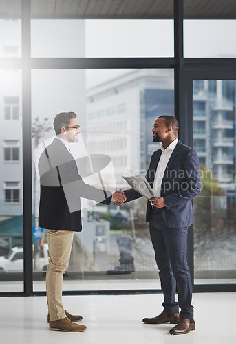 Image of Business men, shaking hands and welcome for partnership, agreement and team building with diversity. Businessman, partner and contract with respect, hr onboarding or b2b collaboration for teamwork