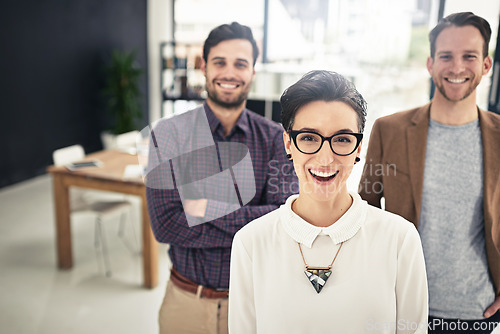 Image of Portrait, teamwork and leadership with a business woman and her team standing in the office together. Management, leader and collaboration with a group of businesspeople looking confident about work