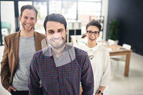 Image of Portrait, collaboration and management with a business man and his team standing in the office together. Leadership, manager and teamwork with a group of businesspeople looking confident about work