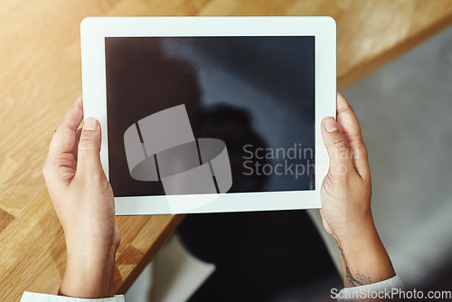 Image of Hands, tablet and screen with a business person working online in the office for information research. Technology, internet and display with a corporate employee accessing a database from above