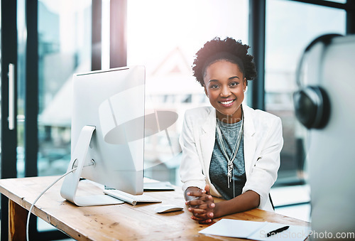 Image of Business, portrait and black woman with a smile, startup success and computer with confidence, career and professional. Face, female person or employee with happiness, pc or development for a project