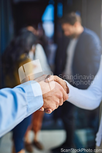 Image of Shaking hands, business people in collaboration and partner, trust in team with thank you and onboarding or hiring. Professional agreement, employees with handshake with contract deal and teamwork