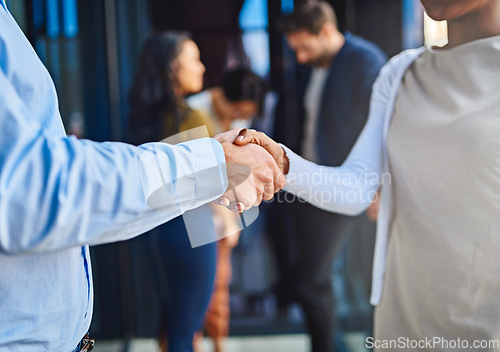 Image of Handshake, business people in collaboration and partnership, trust in team and onboarding or hiring. Professional agreement, deal and contract with man and woman shaking hands, teamwork and thank you