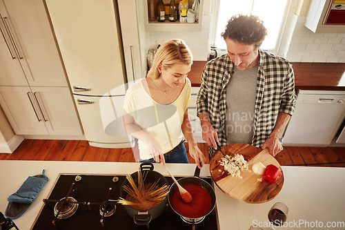 Image of Top view, food or couple in the kitchen cooking with healthy vegetables for lunch meal or dinner together. Love or woman helping or talking to mature husband in meal preparation in Sydney, Australia