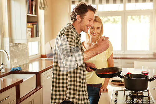 Image of Taste, smile or happy couple kitchen cooking with healthy food for lunch or dinner together at home. Eating, love or woman laughing or smiling with mature husband in meal preparation in Australia