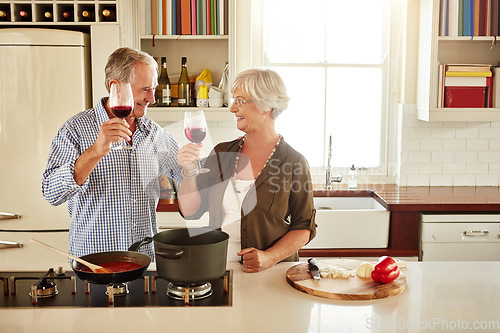 Image of Toast, wine or happy old couple cooking food for a healthy vegan diet together with love in retirement at home. Cheers or senior woman drinking in house kitchen to celebrate with husband at dinner