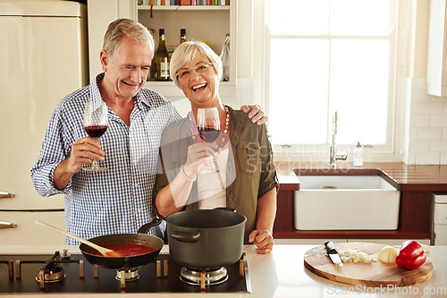 Image of Portrait, wine or happy old couple cooking food for a healthy vegan diet together with love in retirement at home. Senior woman drinking or bonding in house kitchen with mature husband at dinner