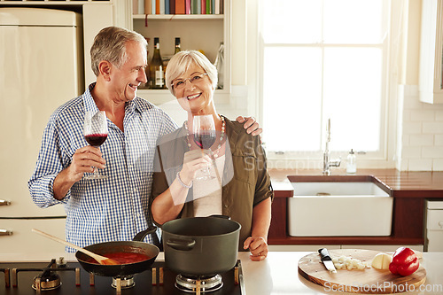 Image of Smile, wine or portrait of old couple cooking food for a healthy vegan diet together with love in retirement at home. Happy senior woman hugging or drinking in kitchen with mature husband at dinner