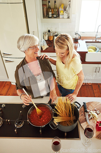 Image of Teaching, woman or happy mother cooking food for a healthy diet together with love in family home. Funny, above or adult child learning or helping senior mom in house kitchen for lunch meal or dinner