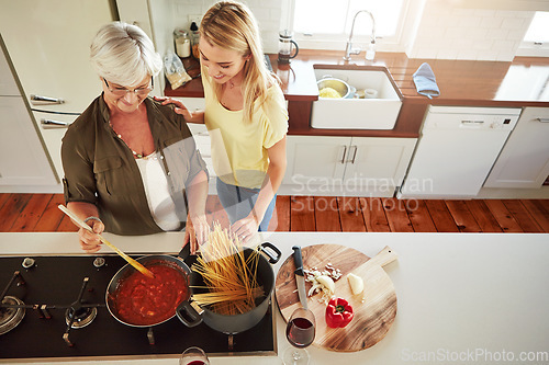 Image of Teaching, woman or mother cooking food for a healthy vegan diet together with love in family home. Girl, above or adult child learning or helping senior mom in house kitchen for lunch meal or dinner