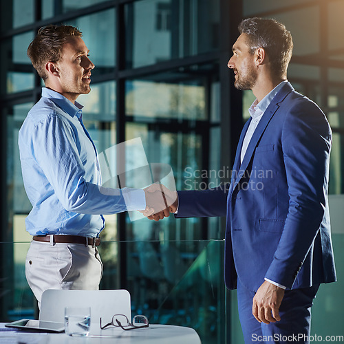 Image of Business people, handshake and partnership or collaboration, onboarding or employment and hiring in office. Corporate, men and executive shaking hands for agreement or b2b, crm and recruitment