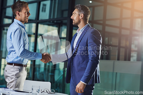 Image of Business people, handshake and b2b success or partnership, agreement and networking in office. Corporate, men and executive shaking hands with new client, merger or collaboration on deal or job