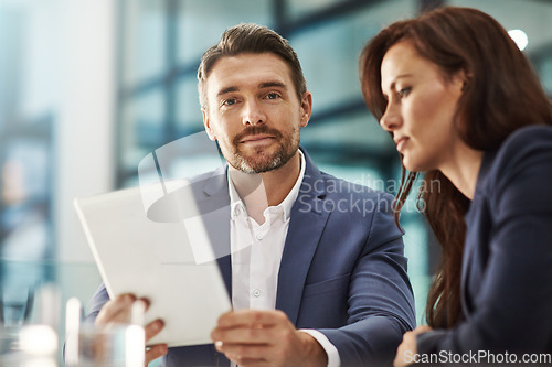 Image of Meeting, tablet and planning with a business team in the office for research on a company project. Teamwork, portrait or technology with a corporate man and woman in collaboration together at work