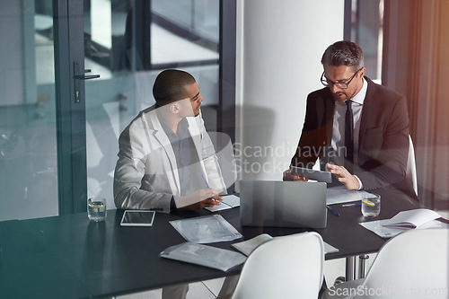 Image of Planning, tablet and business men meeting, advice and consulting for financial help, discussion or review in office. Professional people, leader or accountant on tech behind window reflection