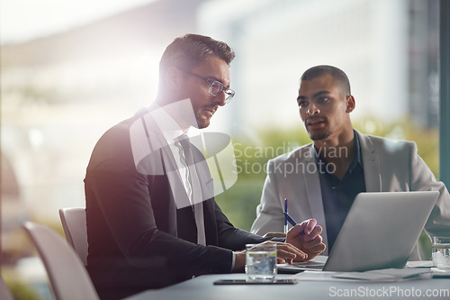 Image of Planning, laptop and business man with partner meeting, teamwork and discussion for corporate ideas and proposal. Professional people or manager talking, review and report analysis on computer