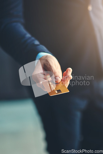 Image of Credit card, payment and closeup of a businessman hand for shopping, financial bills and loans. Finance, customer and zoom of professional male person paying, buying and spending money for retail.