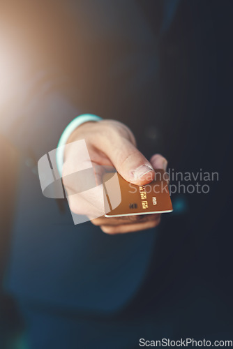 Image of Bank card, payment and closeup of a businessman hand for shopping, financial bills and loans. Finance, customer and zoom of professional male person paying, buying and spending money for retail.