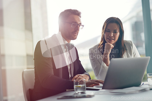 Image of Thinking, planning and business people on laptop in meeting collaboration, teamwork or discussion of online information. Corporate woman and professional partner reading, talking or ideas on computer