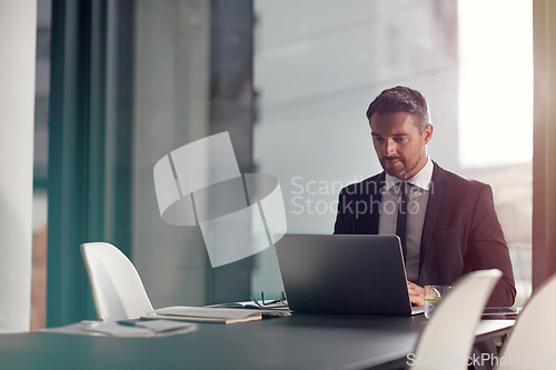 Image of Laptop. research and business man in office for career planning, project review and company management software. Professional person typing, focus and online analysis on computer in conference room