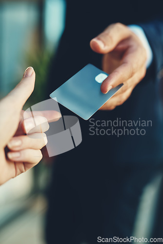 Image of Credit card, hands and payment for a business service, finance support or shopping. Giving, ecommerce and a transaction of financial wealth, buying and paying with people in a shop for a sale