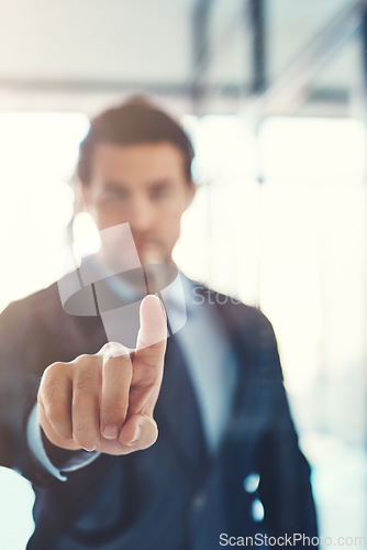 Image of Fingerprint, biometrics and a business man user in his office with touchscreen technology to access information. Security, software or data with a male employee using a touch screen dashboard at work