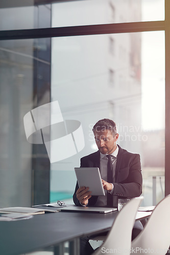 Image of Tablet, search and business man in office for corporate management, data analytics and financial software app. Typing, scroll and accountant person in conference room working on digital technology