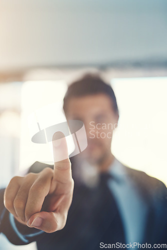 Image of Fingerprint, security and a business man user in his office with touchscreen technology to access information. Biometrics, software or data with a male employee using a touch screen dashboard at work