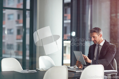 Image of Tablet, typing and business man planning in office, conference room or glass reflection, data analysis and software. Professional person or corporate office CEO search analytics on digital technology