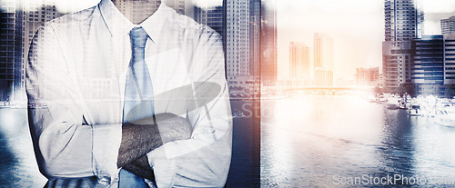 Image of Business man, double exposure and arms crossed by buildings for mockup space, career or 3d overlay at job. Businessman, holographic cityscape or metro skyline in workplace with lens flare for mock up