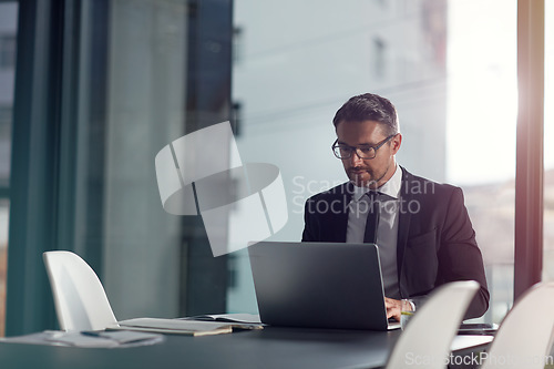 Image of Computer, working and business man in office or conference room schedule, agenda and management software. Typing, career research and workflow planning of professional or CEO person on laptop