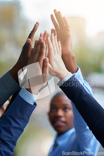 Image of Business people, hands and high five for teamwork, success and team building. Group, collaboration and employees with hand together for cooperation, support and solidarity, motivation and celebration