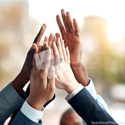 Image of Business people, hands and high five for teamwork, success and team building. Group, collaboration and employees with hand together for cooperation, support and solidarity, motivation and celebration