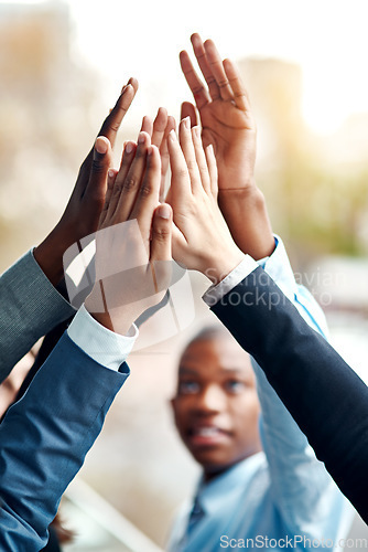 Image of Business people, hands and high five for collaboration, success and team building. Group, teamwork and employees with hand together for cooperation, support and solidarity, motivation and celebration