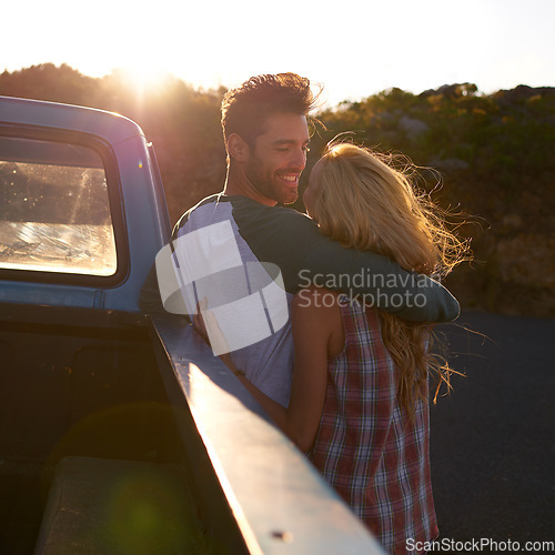 Image of Hug, truck or happy couple on road trip in nature on romantic holiday vacation for bonding on date. Car, travel or people hugging to embrace on fun summer weekend break with romance in park together