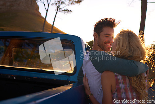 Image of Hugging, car or happy couple on road trip in nature on romantic, holiday or vacation for bonding on date. Truck, travel or people hug or embrace on summer weekend trip with romance in park together