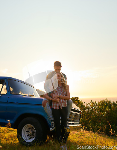 Image of Kiss, truck or happy couple in nature on romantic holiday vacation for bonding on road trip date on mockup. Car travel, space or people hugging to embrace on summer weekend break with romance in park