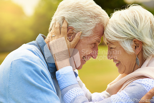 Image of Forehead, smile and senior couple with love, marriage and retirement with romance, bonding and loving together. Partners, elderly woman or old man with happiness, relationship and romantic with trust