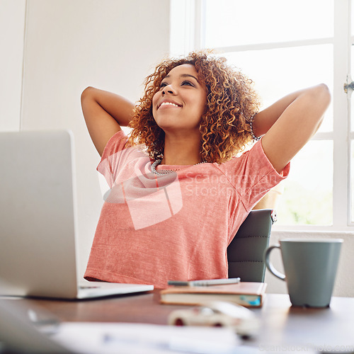 Image of Woman, relief and smile in home office with laptop, relax or daydream for goal, future or career. Happy seo expert, female creative and thinking for vision, memory or idea by computer for remote work