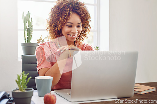 Image of Woman, business student and smile at laptop for planning, technology and internet in startup agency. Happy african female worker, office intern and connect on computer, website and online research