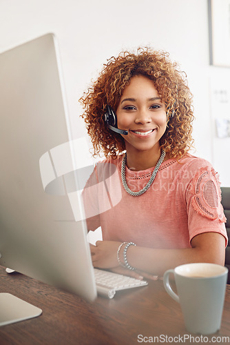 Image of Call center, happy woman and portrait of consultant at computer, help desk and customer services. African telemarketing agent smile for online consulting, telecom administration and technical support