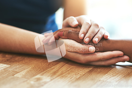 Image of Support, care and together with people holding hands for hope, trust and empathy. Diversity, forgive and friends with helping hand, respect and help through cancer grief or consoling with connection