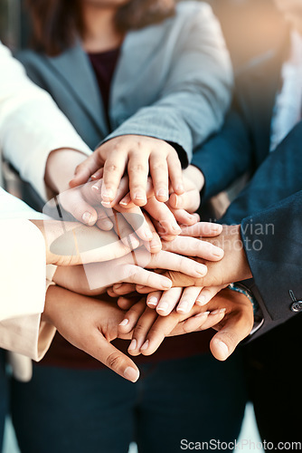 Image of Closeup, business and team with hands, stack and collaboration with teamwork, brainstorming and planning. Zoom, group and staff with partnership, fingers and motivation with solidarity and support