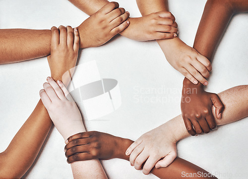 Image of People, integration and hands together isolated on a white background in solidarity, support and diversity collaboration. Circle, strong and community power of women and men in synergy sign in studio