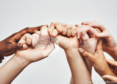Image of Group, diversity and holding hands isolated on a white background for solidarity, support and collaboration. Love, power and community of people and hand or palm together sign for hope, faith or care
