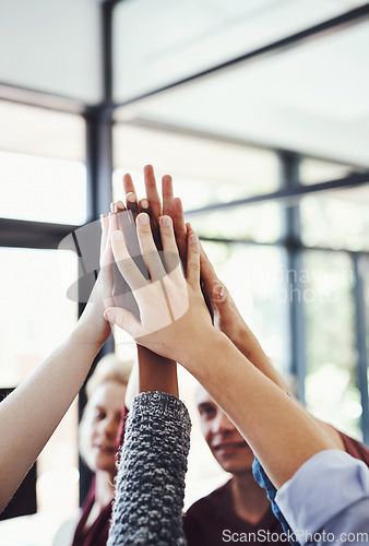 Image of High five, group and business people in success, support and teamwork for company sales, project goals and winning. Yes, celebration and women and men or team hands together for help or target reach